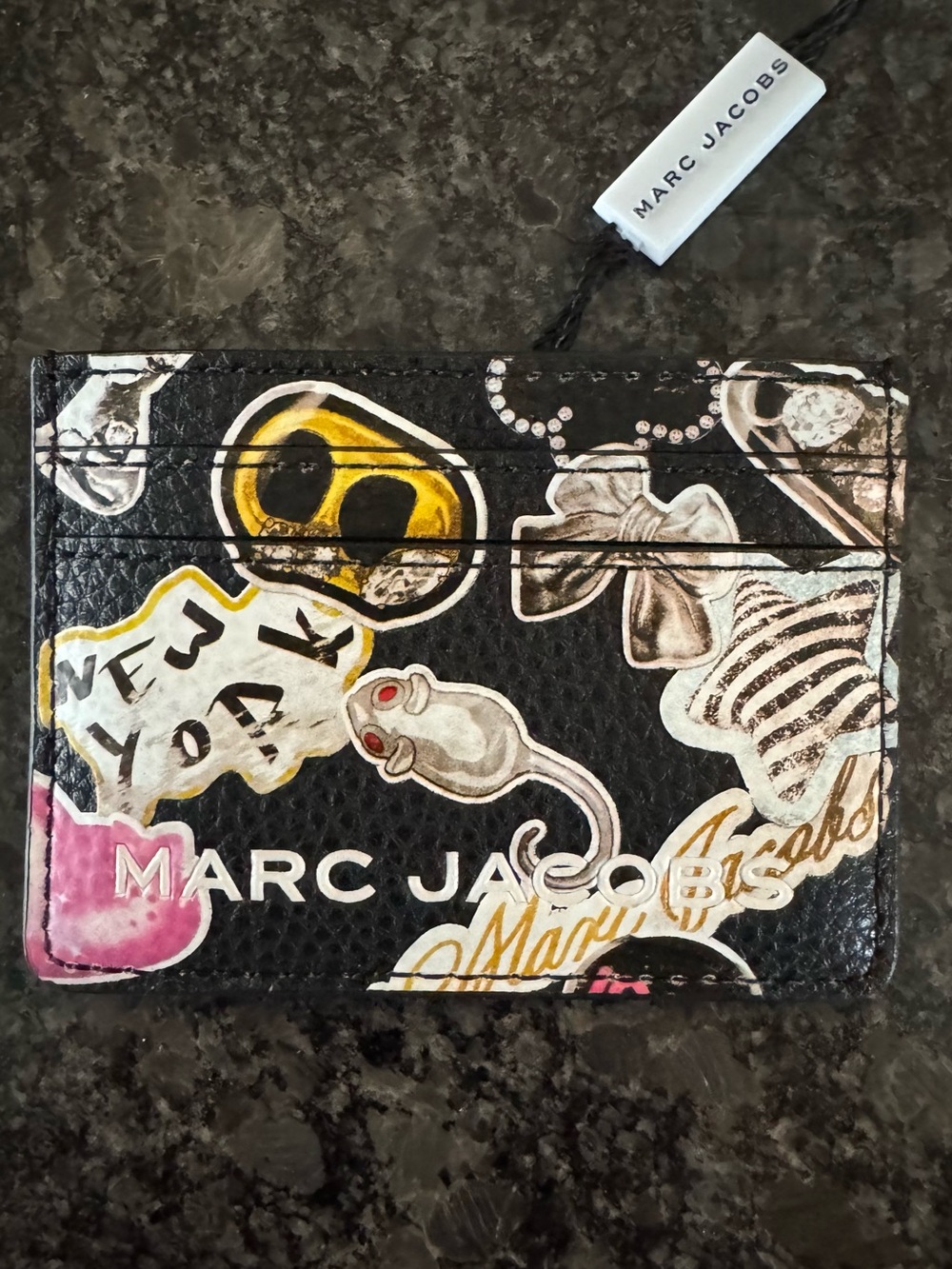 Marc Jacobs Black Leather Cardholder with Colorful Sticker Graphics